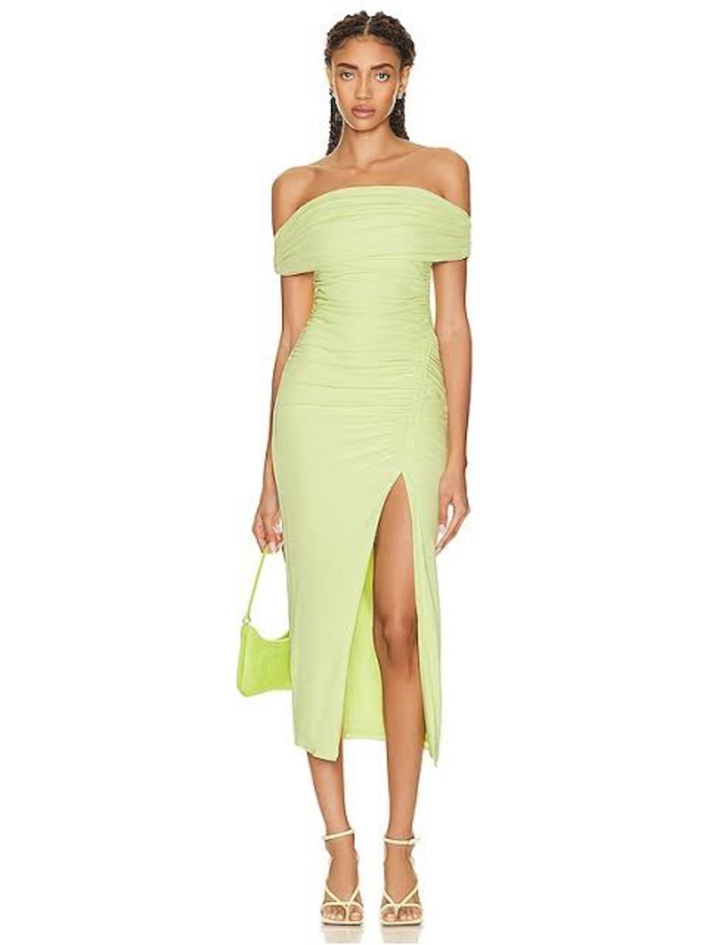 Self-Portrait Off-Shoulder Ruched Midi Dress Lime Green Size 4